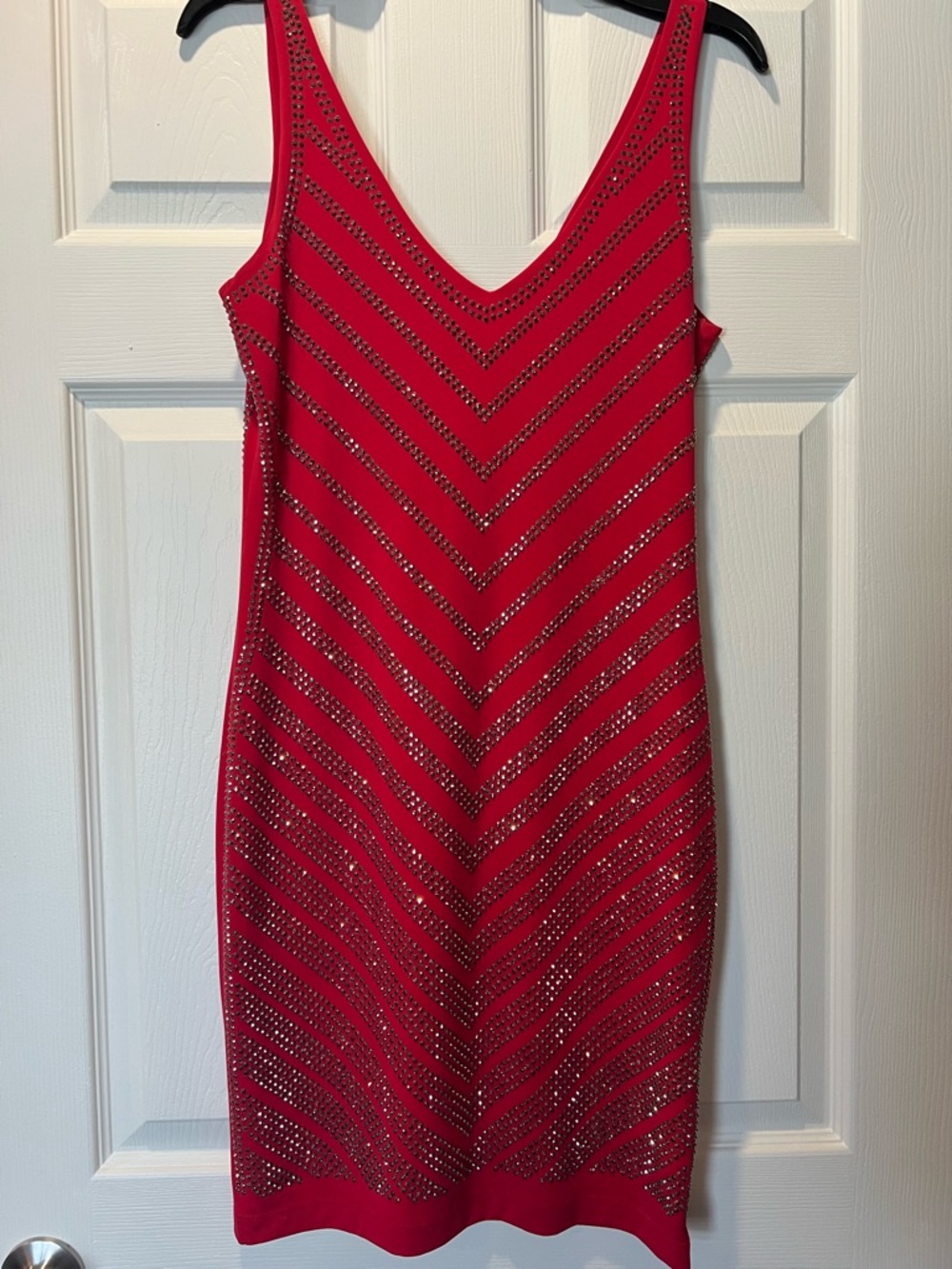 Cache Red V-Neck Rhinestone-Embellished Mini Dress